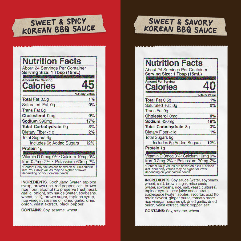 Nutrition Facts for both Sweet & Spicy and Sweet & Savory Korean BBQ Sauces